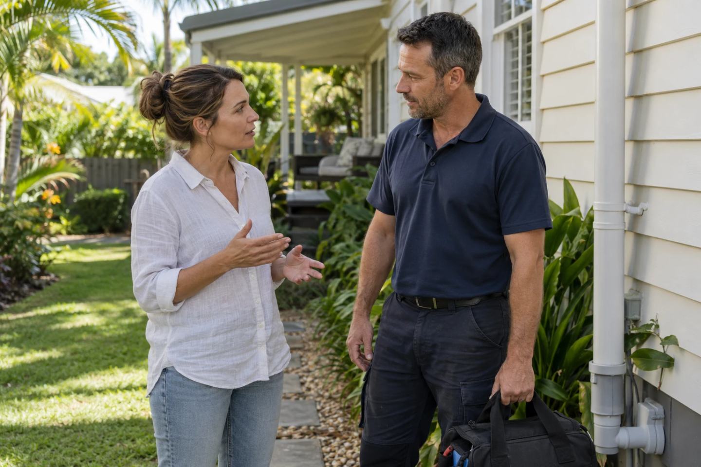 Homeowner discussing a drain problem with a plumber outside a subtropical home.