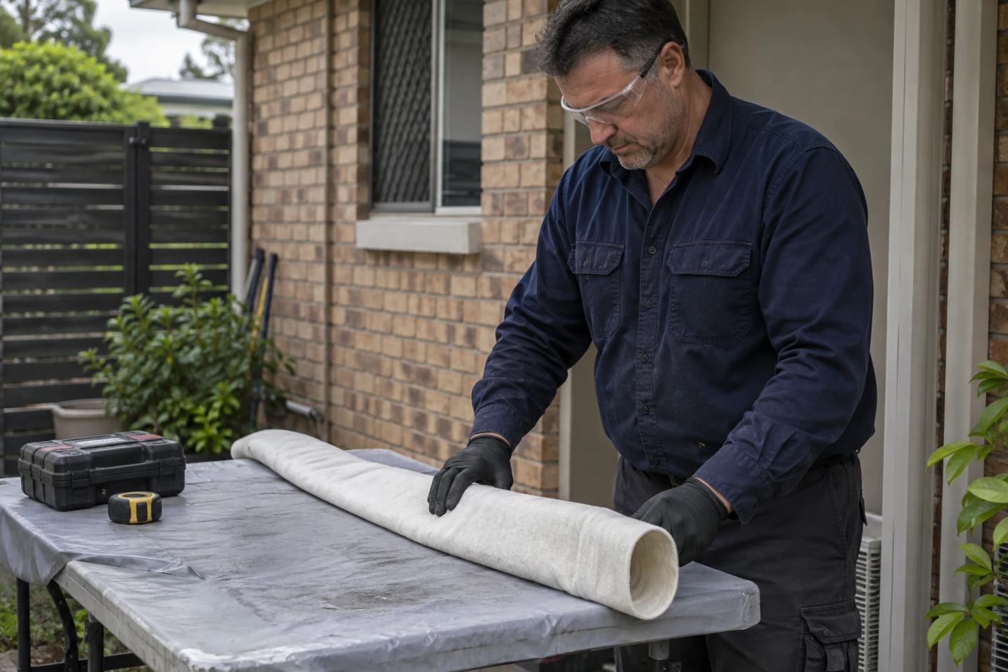 Tradesperson examining a flexible pipe-lining sleeve on a workbench.