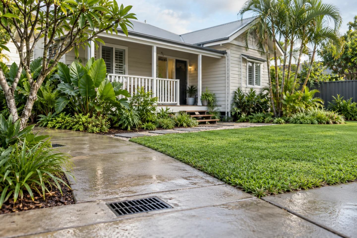 Subtropical home with a garden and grated stormwater drain beside a damp path.
